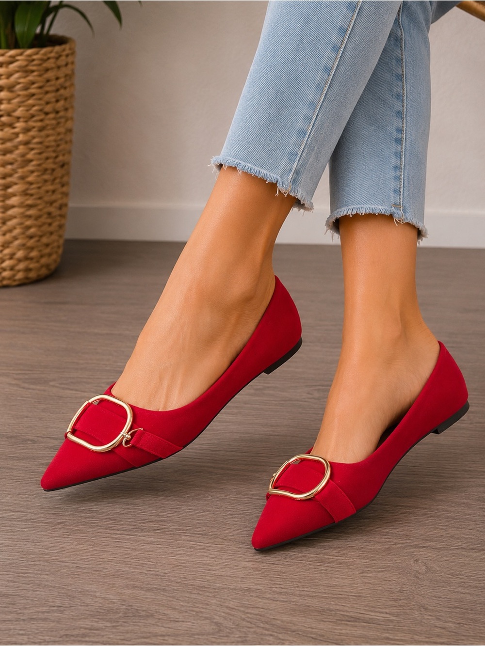 Red Pointed Toe Flats Gold Buckle Detail Size 38 NWOT